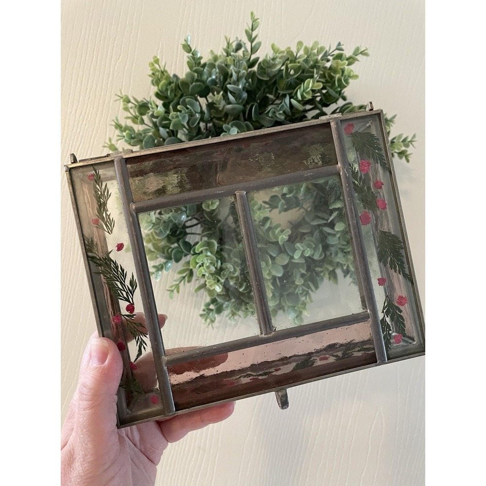 VTG Hinged Lid Glass Trinket Box Dried Flowers Double Picture Frame Cottagecore